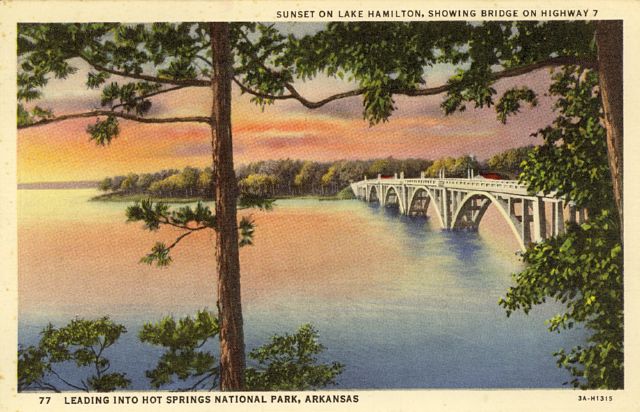 Sunset on Lake Hamilton, showing Bridge on Highway 7